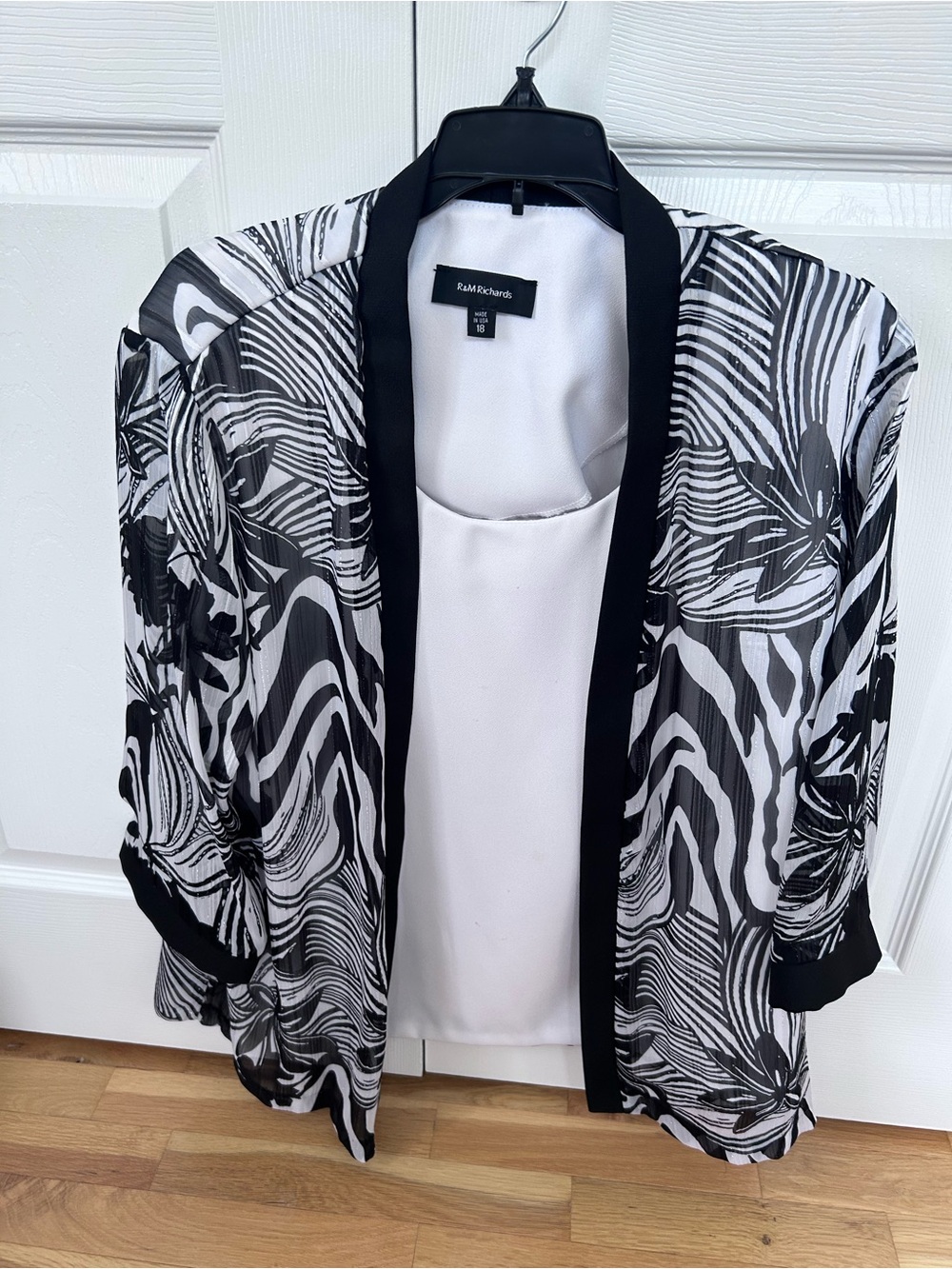 R&M Richards Black and White Open Sheer Cardigan